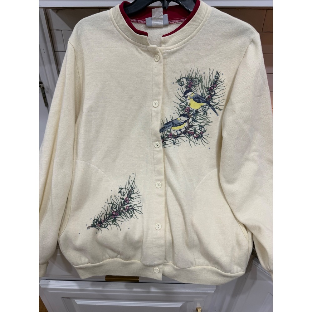 Vtg Blair Women's bird Pine Branch Embroidered Button Front Cardigan Sweater